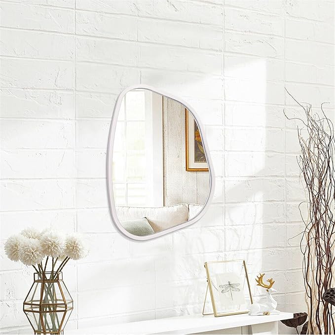 White Irregular Bathroom Mirror Modern Oval Wall Mirror Asymmetrical Wooden Framed Wall Mirror Unique Shape Wall Mounted Vanity Artistic Mirror Decor for Living Room Bedroom Entryway Small 14"x10"