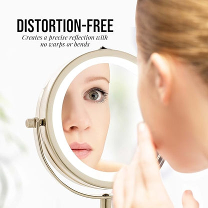 OVENTE 6" Lighted Makeup Mirror with 1X/7X Magnification, Cordless Tabletop Mount Vanity Round Mirror with 360° Swivel Design and Double Sided Cool Tone LED Ring Light, Nickel Brushed MLT60BR1X7X