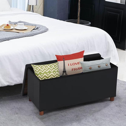 Ottoman Storage Bench with Tray - Bedroom Foot Stool & Coffee Table Lid - Black Leather, 30" Inch