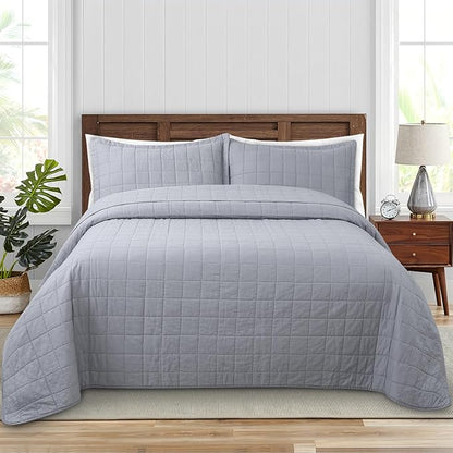 Quilt King Size Bedding Sets - 100% Cotton Lightweight Luxury Comforter Set, Oversized Stitching Quilted Bedspread Coverlet Sets with 2 Pillowcase Suitable for All Season, Grey