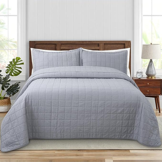 Quilt Oversized King Size Bedding Sets, 100% Cotton Lightweight Luxury Comforter Set, Oversized Extra Wide Stitching Bedspreads Coverlets with 2 Pillowcase Suitable for All Season, Grey