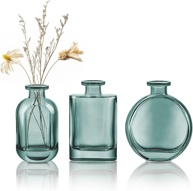 Joeyan Green Glass Bud Vase Set of 3 - Decorative Rustic Flower Vase - Small Bottle Vase Centerpieces for Wedding, Home, Office, Table Décor