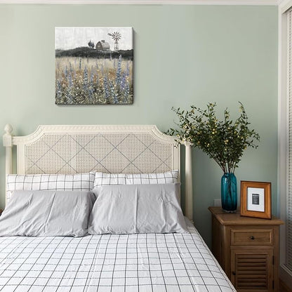 Farmhouse Wall Art for Living Room Classical Scenery Canvas Print Rustic Countryside Wildflower Field Landscape Nature Wilderness Meadow Picture Vintage Windmill Barn Painting Framed Artwork 24x24inch