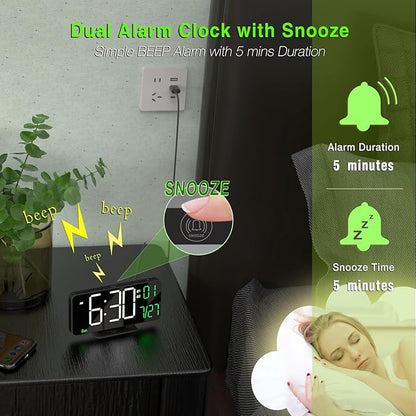 KOSUMOSU Digital Clock for Bedroom, 6.7in Black Alarm Clocks for Bedrooms,Auto Dimming, Date, Day of Week, Indoor Temperature,Digital Alarm Clock,Clocks for Living Room