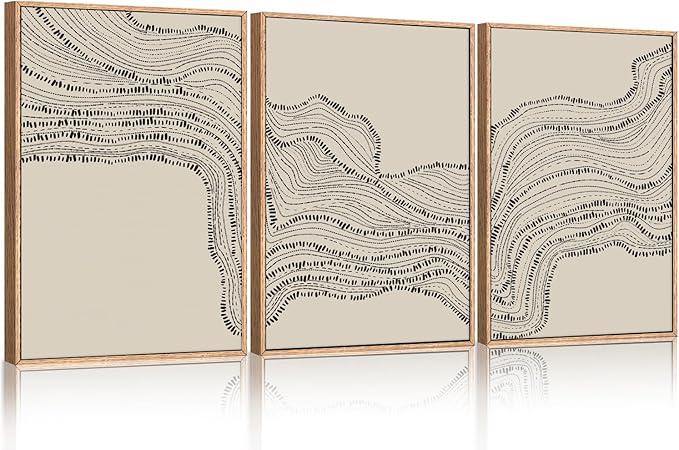 HLNIUC Neutral Abstract Framed Canvas Wall Art Set, Black Beige Wave Line Wall Decor, Large Minimalist Painting, Modern Geometric Art Print for Living Room, Bedroom, Dinning Room, Office - 16"x24"x3