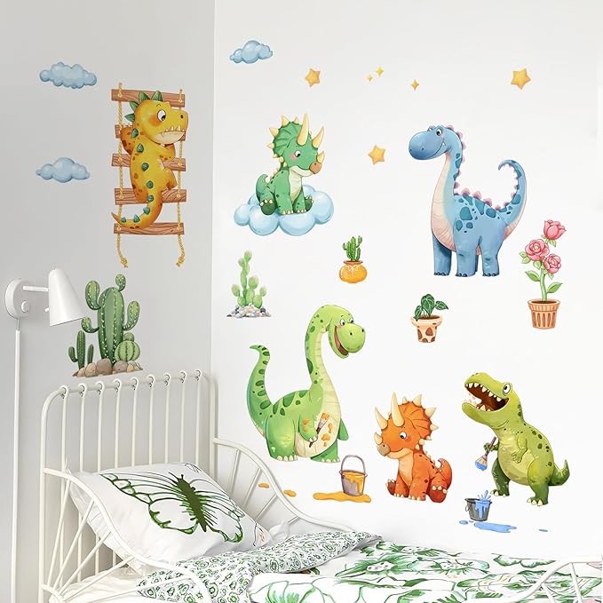 Watercolor Funny Dinosaur Wall Decals, Cartoon Cute Dino Playing Cacti Wall Stickers Vinyl Peel and Stick Wall Decal Self Adhesive Wall Art Sticker for Baby Nursery Kids Room Home Decor