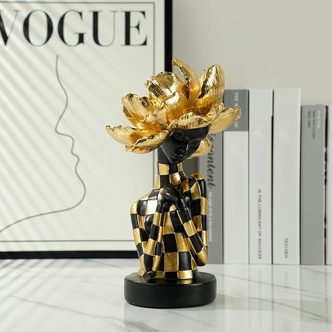 African Woman Sculpture with Golden Flower Headpiece – Black and Gold Resin Figurine for Home Decor, Elegant African Lady Statue, Modern Ethnic Art Ornament, Gift for Women