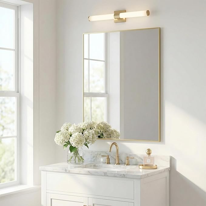 30"x36" Gold Bathroom Mirror for Wall, Metal Framed Vanity Mirror, Large Rectangular Mirror Over Sink, Mid-Century Modern Decor, Flush Mount