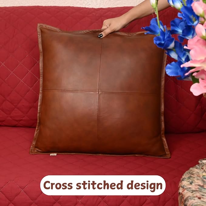 Lambskin Leather Pillow Cover - Sofa Cushion Case - Decorative Throw Covers for Living Room & Bedroom, 16x16 Inches - Dark Tan Box Pack of 1