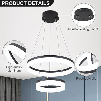 Buccleuch 2-Ring Modern LED Chandelier - Dimmable Black Round Pendant Light, Height Adjustable ETL-Certified Ceiling Light for Dining Room, Kitchen Island, Living Room, Bedroom, Foyer