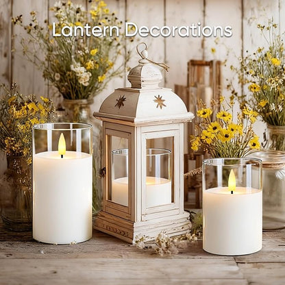 5plots Flameless Battery Operated Candles Set of 3, White LED Candles with Remote Timer, Real Wax Glass Pillar Candles Warm Flickering Light for Indoor Home, Halloween, Christmas Decor D3 x H4 5" 6"