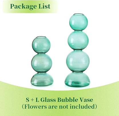 Glass Bubble Vases for Flowers, Hewory 2pcs Green Unique Cute Single Flower Vase for Centerpieces, Funky Aesthetic Vase Skinny Bud Vase, Cool Groovy Decor for Home Living Room Bedroom Office Tabletop