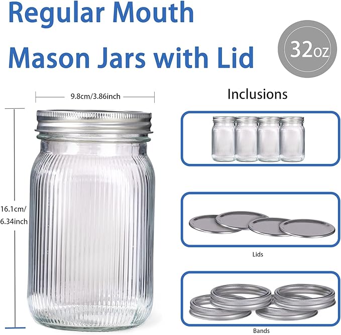 LUODA MirthMood Wide Mouth Mason Jars 32 oz with Lids, Canning Jars with Metal Airtight Lids, Quart Mason Jars for Fermenting, Pickling, Freezing, Preserving, Meal Prep, Jar Décor[2 Pack]