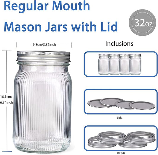 LUODA MirthMood Wide Mouth Mason Jars 32 oz with Lids, Canning Jars with Metal Airtight Lids, Quart Mason Jars for Fermenting, Pickling, Freezing, Preserving, Meal Prep, Jar Décor[2 Pack]