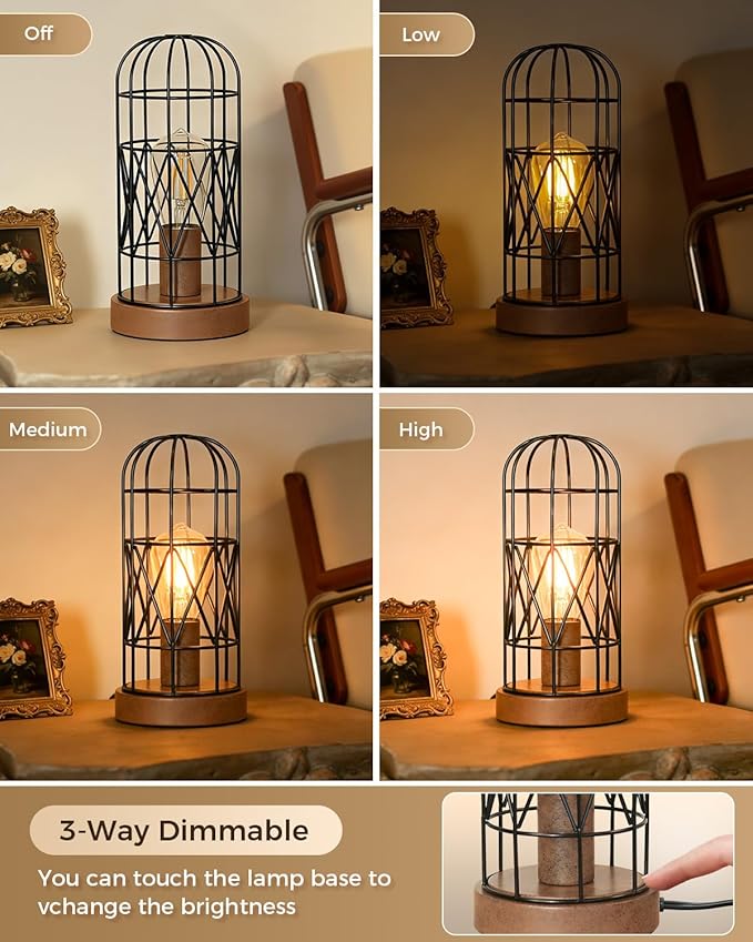 Unique Industrial Cage Table Lamp with Touch Control & Dimmable Light - 28" Metal Mesh Desk Lamp with 3-Way Dimmer, E26 Socket, Includes LED Bulb, Black