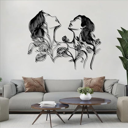 Metal Feminine Wall Art, Female Silhouette Line Art, Metal Flower Female Wall Decor, Metal Minimalist Abstract Woman and Flower Wall Art Single Line for Livingroom, Bedroom (Gold, 24"x19"/60x49cm)