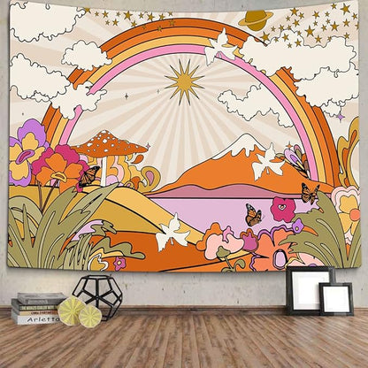 TOMOZ Vintage 70s 60s Groovy Tapestry, Retro Flowers Clouds Sun and Rainbow Tapestry Wall Hanging, Orange Boho Aesthetic Tapestries for Bedroom Living Room Dorm Decor 60 x 51Inch