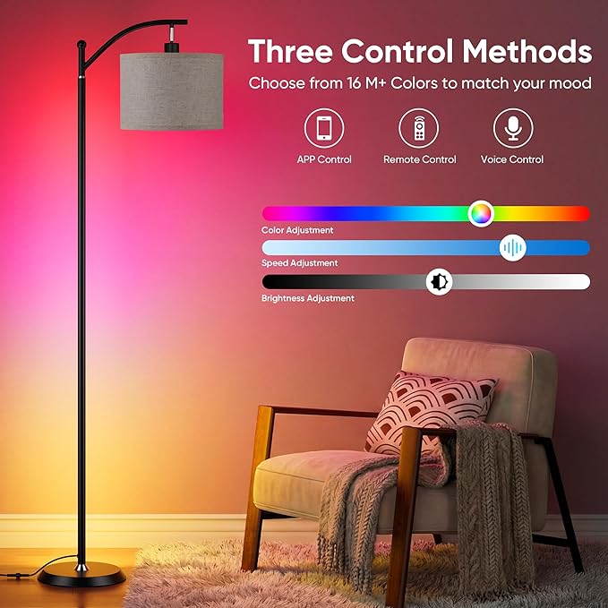 Smart LED RGBCW Corner Lamp with Linen Lampshade Works with Alexa, Color Changing Standing Lamp with 16 Million DIY Colors, Music Sync, Tall lamp for Living Bedroom Room,APP/Voice/Remote Control
