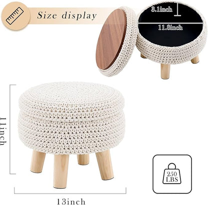 Round Storage Ottoman Foot Rest Cotton Braided Foot Stool Pouf Ottoman with Solid Wood Legs Footstool with Storage Shoe Changing Stool for Living Room White