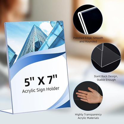 12 Pack Slanted Back Acrylic Sign Holders 5x7 for Business & Store, Tabletop Vertical Sign Holder with Anti-Slip Pads Clear Display Stand, for Menus Flyer Documents Office Restaurants Party Decoration