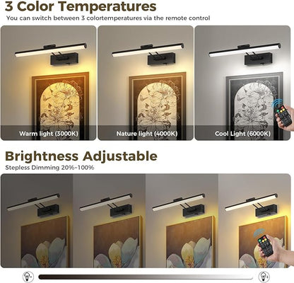 JUSHENG Black Picture Lights for Wall Battery Operated Gallery Lights 3CCT Dimmable Art Lamp Wireless Painting Lights for Display, Portraits 15.35'' Inch 3W