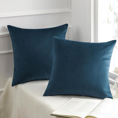Phantoscope Pack of 2 Velvet Decorative Throw Decorative Pillow Cover Soft Solid Square Cushion Case for Couch Dark Blue 22 x 22 inches 55 x 55 cm