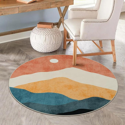 Abstract Round Rug 3ft, Faux Wool Soft Throw Area Rugs, Washable Farmhouse Small Circle Rug, Floor Low Pile Mats for Bedroom Bathroom Laundry Room Nursery Decor