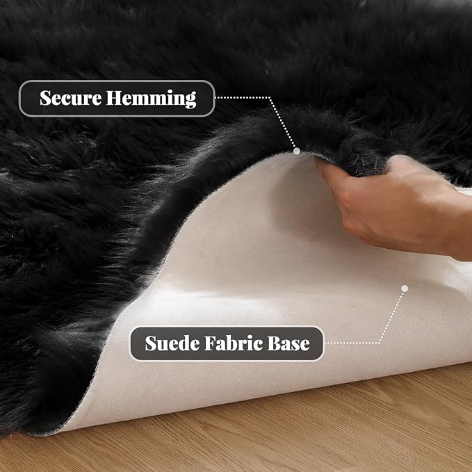 Black Shag Washable Furry Fur Area Rugs for Bedroom Faux Sheepskin Fuzzy Fur Nursery Rug Runners 2x6 Cute Room Décor