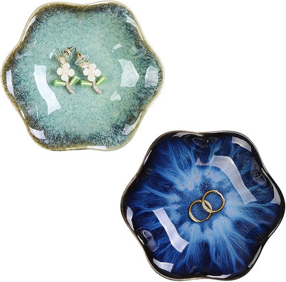 WHJY 2 Pack Ceramic Jewelry Dish 4.3 Inch Ring Holder for Women Decorative Lotus Flower Trinket Tray for Room Decor Green and Blue Vanity Storage for Ring Earring Necklace