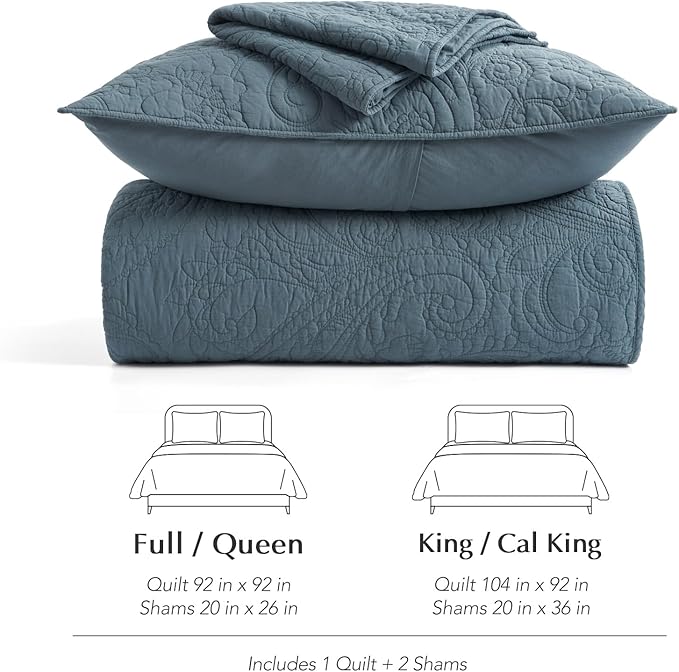 EVERGRACE 100% Cotton Paisley Quilt Set, Queen Size 3 Piece Set – Prewashed Lightweight Bedspread with 2 Shams, Soft & Breathable Matelasse Coverlet for All-Season Comfort, Stormy Blue