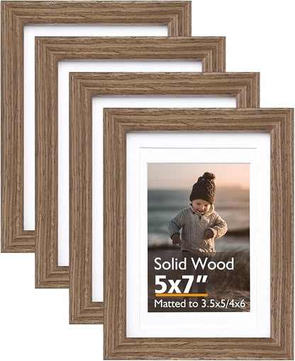 KINLINK 5x7 Picture Frame Brown Wood, Solid Wood Frames with Acrylic Plexiglass for 3.5x5/4x6 with Mat or 5x7 without Mat, Tabletop and Wall Display Photo Frame, Set of 4