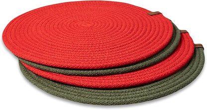 Round Placemats, Set of 4, Handmade by Braided Cotton Cord for Kitchen and Dining Table, Dia. 12.6 Inch, Doublesided, Heat Resistant, Washable, Red/Green