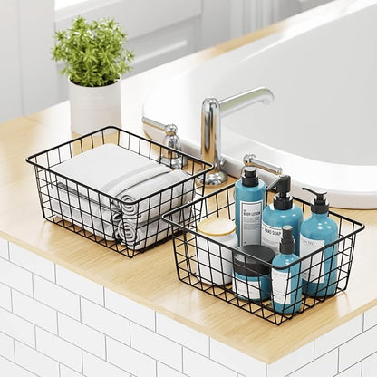 iSPECLE Wire Baskets, 6 Pack Small Pantry Organizers Wire Storage Baskets with Handles, Sorting Storage Easy Access Durable Wire Basket for Pantry, Black