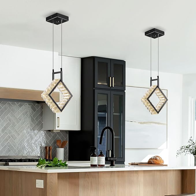 Kitchen Island Mini Light Fixture Modern Led Crystal Pendant Light Black Square Chandelier for Dining Room Living Room Kitchen Bedroom Bar（1-Pack）