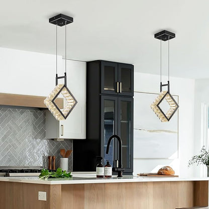 Kitchen Island Mini Light Fixture Modern Led Crystal Pendant Light Black Square Chandelier for Dining Room Living Room Kitchen Bedroom Bar（1-Pack）