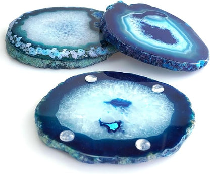 Blue Agate Coasters Set of 4 3-4'',Crystal Geode Stone Coasters with Rubber Bumpers,Agate Slices for for Drink Home Decor, Coffee Table, Bar Accessories,Birthday Gift