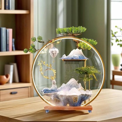Desk Waterfall Fountain Indoor Ceramic Deer Sculpture,Tabletop Mini Water Fountain with Mist，Adjustable LED Light Ring and Backflow Incense Burner Holder(PQLU001)