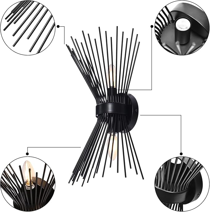 EDISLIVE 2-Bulb Bathroom Vanity Light Mid-Century Modern Starburst Wall Sconce Lamp 11 x 4.7 x 15.8in Wall Light for Hallway Bedroom Bathroom Black