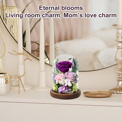 Preserved Flowers in Glass Dome, Forever Flower, Eternal Flowers, Birthday Gifts for Women, Gifts for Mom Girlfriend Her Friendship, Home Decor Living Room Bedroom (Mauve)