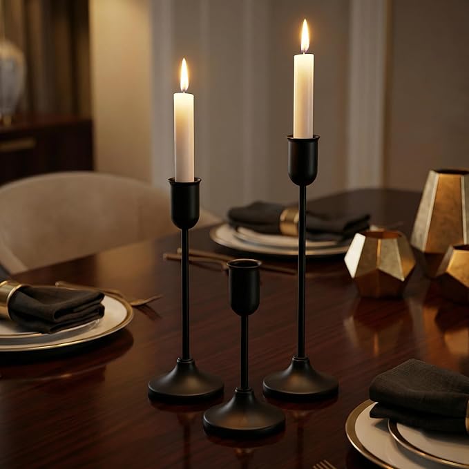 54 Pcs Black Candlestick Holders Set - Vintage Brass Taper Candle Holder for Pillar Candles - Modern Decorative Centerpiece for Wedding Fireplace Mantel Decor - Cozy Atmosphere Housewarming Gift