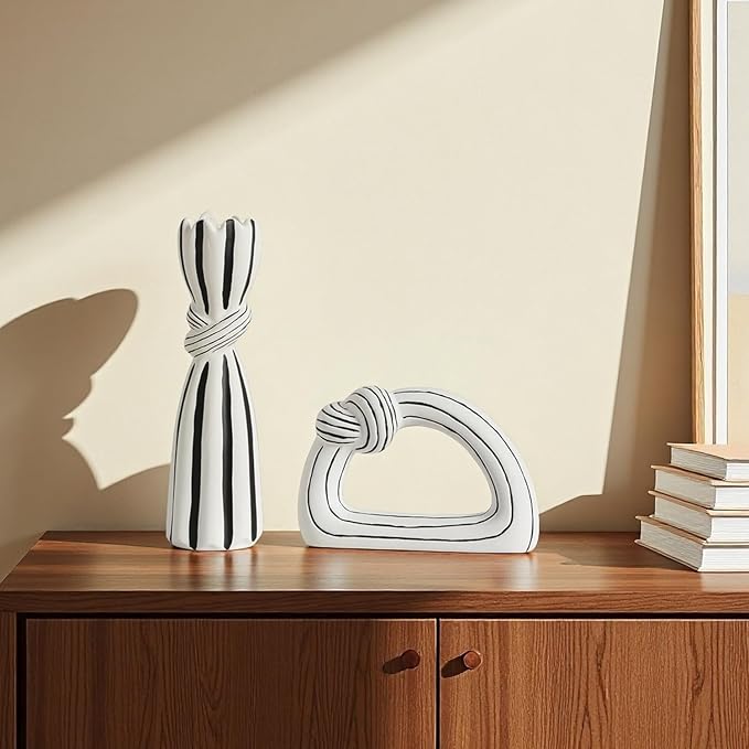 Ceramic Statues Decorative Vase Home Decor Modern Rustic Black and White Striped Knot Statues Set for Living Room, Bedroom, Office, Table Centerpiece, Shelf, Mantel, Set of 2