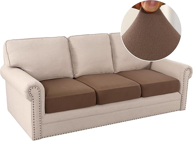 H.VERSAILTEX Fleece Couch Cushion Covers Stretch Couch Covers for 3 Cushion Couch Sofa Thick and Soft Couch Covers Washable (3 Piece Sofa Cushion Cover, Camel)