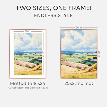Homeforia 20x27 Picture Frame Rose Gold, High End Metal 20x27 Poster Frames with Mat 16x24 Photo, 20 x 27 Rose Gold Frame Matted to 16 by 24 Print, 27x20 Thin Frame, Tempered Glass, Wall Kit, Set of 1
