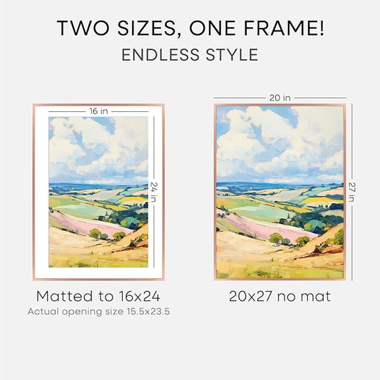 Homeforia 20x27 Picture Frame Rose Gold, High End Metal 20x27 Poster Frames with Mat 16x24 Photo, 20 x 27 Rose Gold Frame Matted to 16 by 24 Print, 27x20 Thin Frame, Tempered Glass, Wall Kit, Set of 1