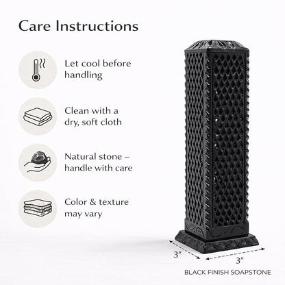 Handmade Marble Black Soapstone Incense Stick Burner | Candle Stick Holder | Tea Light Burner - Perfect Jaali Carving for Gifting. Decorative Home and Kitchen Decor (3 x 3 x 11 Inches).