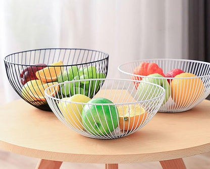 IBWell White Wire Fruit Basket Fruit Bowl Kitchen Fruit Basket Stand Fruit Bowls for the Counters Metal Fruit Bowl (Round-Twill Small)
