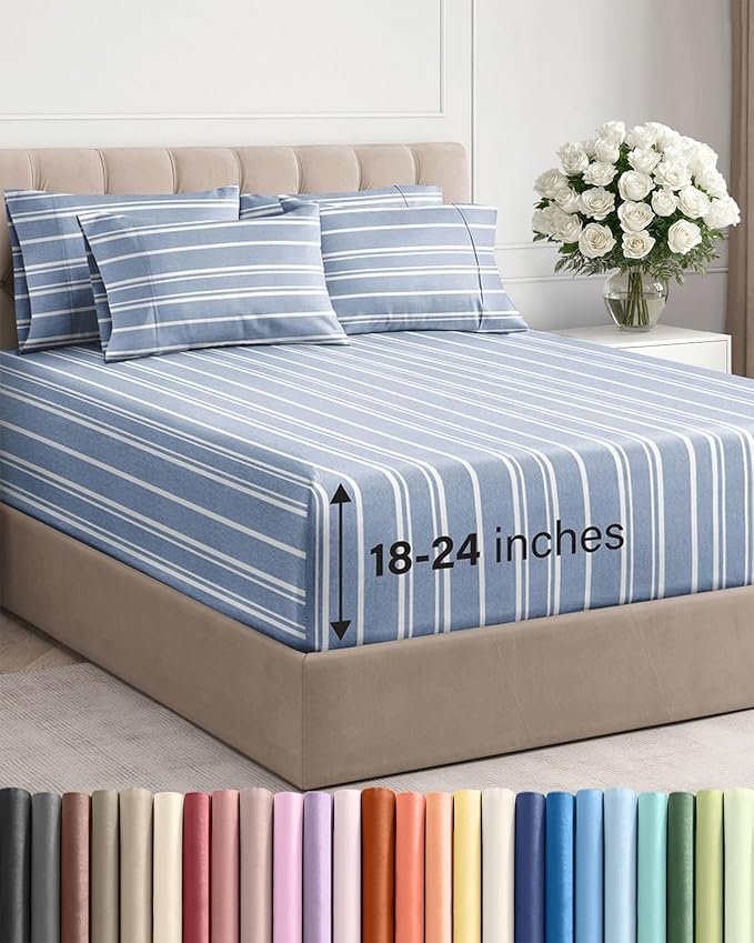Extra Deep Queen Sheet Set - 6 Piece Breathable and Cooling Sheets - Hotel Luxury Bed Sheets Set - Easy Fit - Soft, Wrinkle Free and Comfy Sheets Set - Blue Striped Sheet Set with Extra Deep Pockets