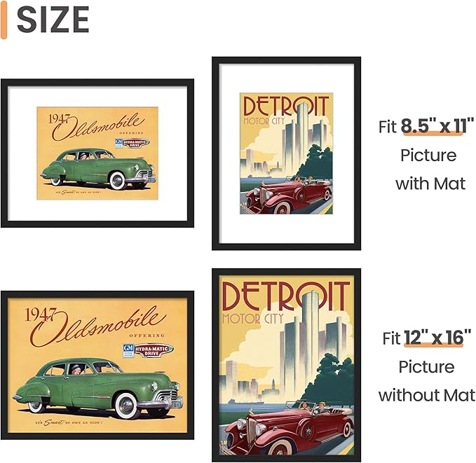 upsimples 12x16 Picture Frame Set of 5, Display Pictures 8.5x11 with Mat or 12 x 16 Without, Wall Gallery Poster Frames, Black