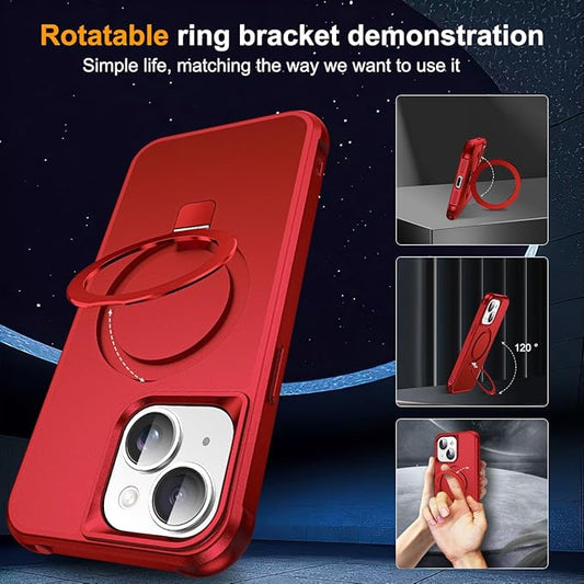 Compatible with iPhone 15 Plus Case with Invisible Magnetic O-Ring Stand Military-Grade Case for iPhone 15 Plus 6.7" [Compatible with Mag-Safe][Great Grip Feeling], Red