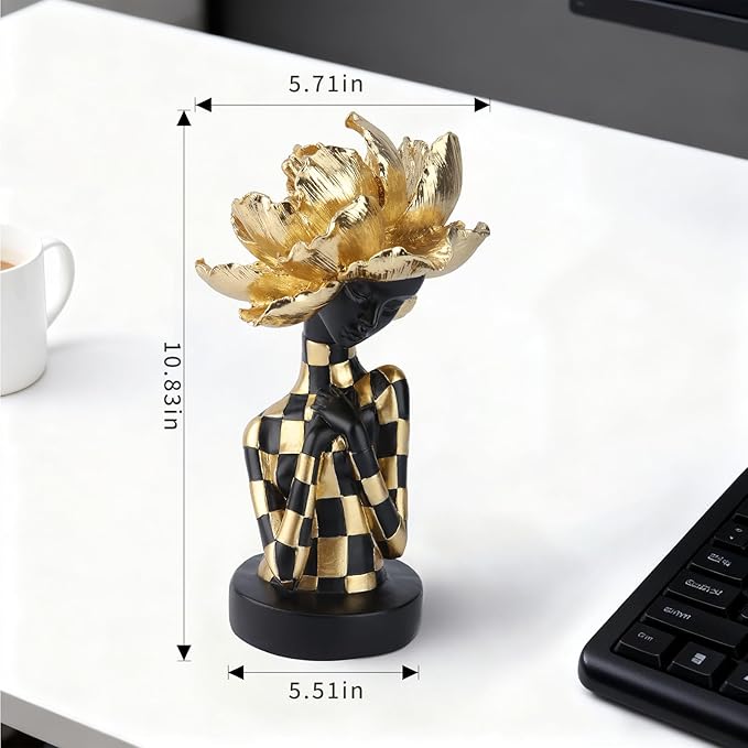 African Woman Sculpture with Golden Flower Headpiece – Black and Gold Resin Figurine for Home Decor, Elegant African Lady Statue, Modern Ethnic Art Ornament, Gift for Women